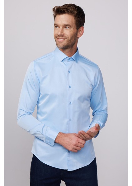 Slim Fit Pamuklu Düz Erkek Mavi Gömlek