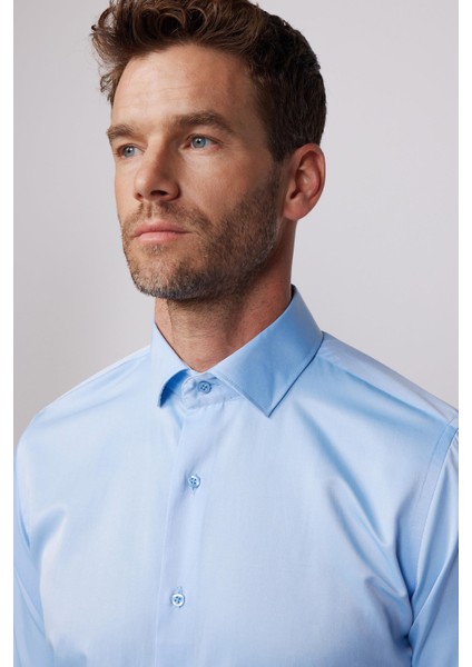 Slim Fit Pamuklu Düz Erkek Mavi Gömlek