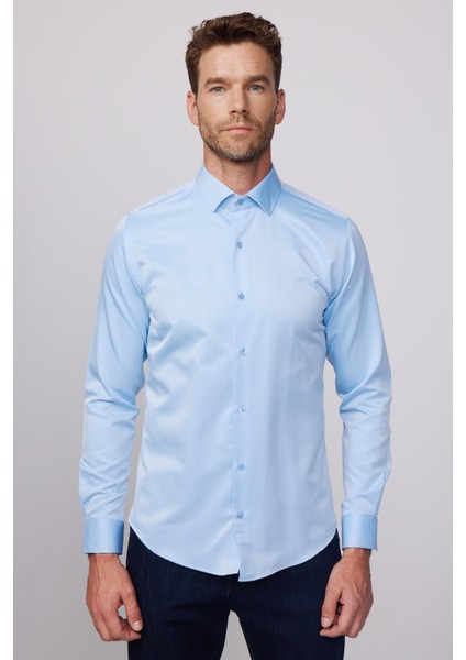 Slim Fit Pamuklu Düz Erkek Mavi Gömlek