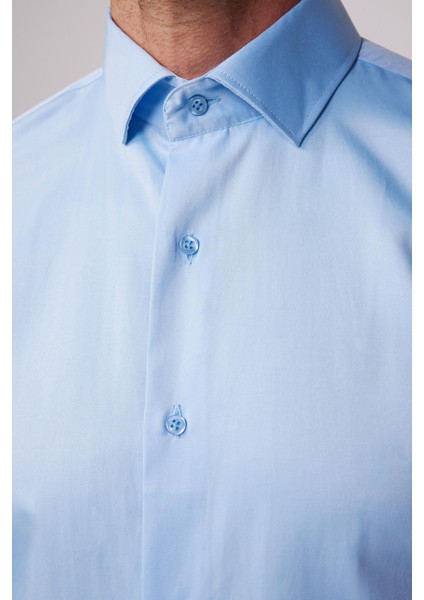 Slim Fit Pamuklu Düz Erkek Mavi Gömlek