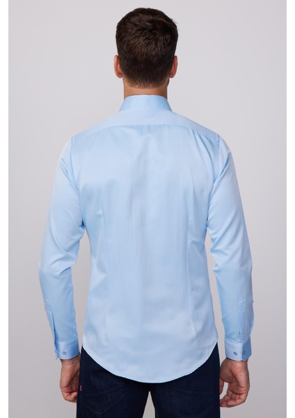 Slim Fit Pamuklu Düz Erkek Mavi Gömlek