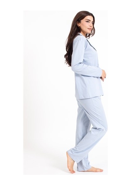Vs Bayan Düz Penye U.kol Pijama Takım Mavi