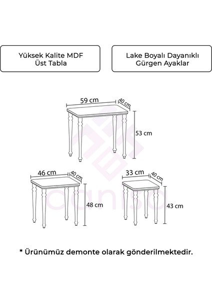 Canisa Concept Lora Serisi Mdf 1.sınıf 3lü Zigon Sehpa Takımı  Beyaz Renk Gürgen Ayaklar