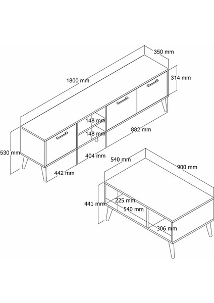 Set 1587-2076 Exxen 180 cm Tv Ünitesi + Exxen Orta Sehpa - Sepet Rengi