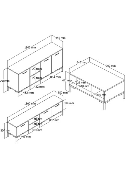 Set 1590-2080-1630 Aurora (Metal Ayaklı) Tv Ünitesi - Orta Sehpa - Konsol Seti Hat - Antrasit