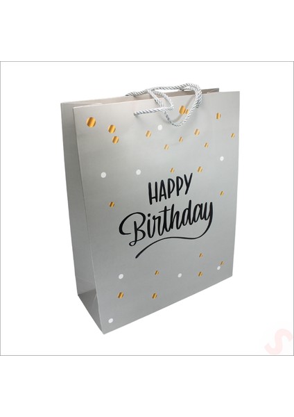 Happy Birthday Gümüş Karton Çanta, 32 x 26 x 10 cm - 1 Adet
