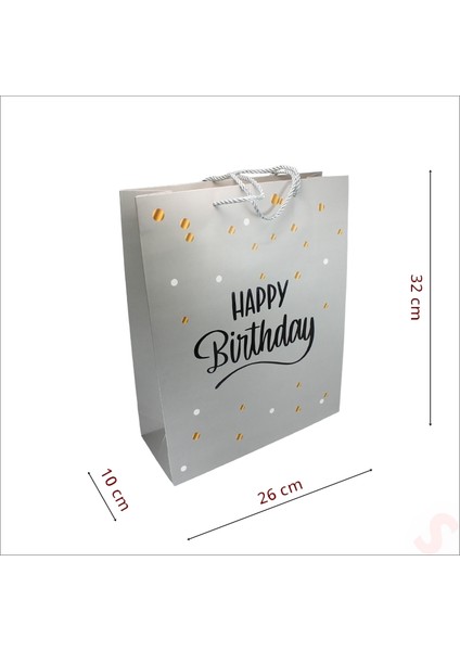 Happy Birthday Gümüş Karton Çanta, 32 x 26 x 10 cm - 1 Adet fiyatları