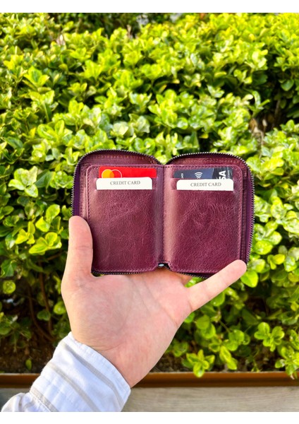 Unisex Deri Fermuarlı Cüzdan – Küçük Boy Mini Deri Cüzdan Kadın/erkek - Mürdüm modelleri