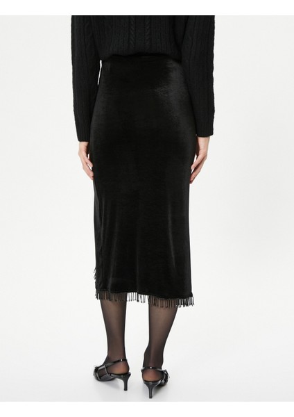 Midi Kadife Etek Boncuk Detaylı Yırtmaçlı Drapeli - El Emeği Koleksiyonu fırsatları