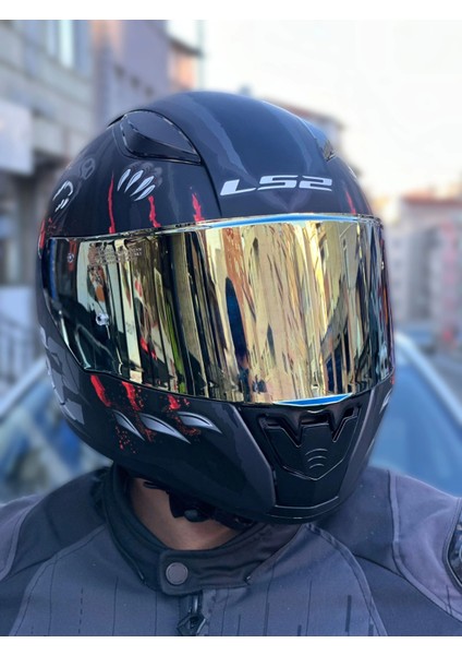 Rapıd 2 Clawn Mat Siyah-Gri-Kırmızı Kask (Prohel Balaklava Hediye) Altın Renk Cam (Gold)