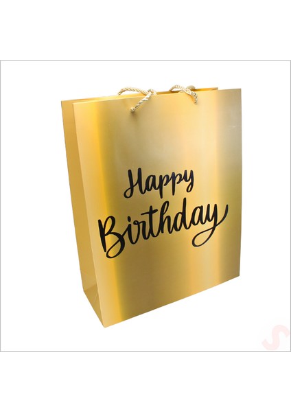 Happy Birthday Altın Karton Çanta, 32 x 26 x 10 cm - 1 Adet