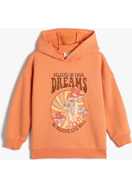 Oversize Kapşonlu Sweatshirt Mantar Baskılı Şardonlu