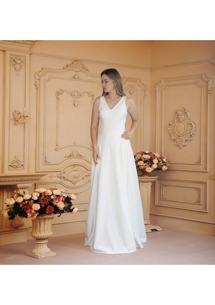 Moda Şarize Likralı Dalgıç Kumaş V Yaka Maksi Nikah Elbisesi
