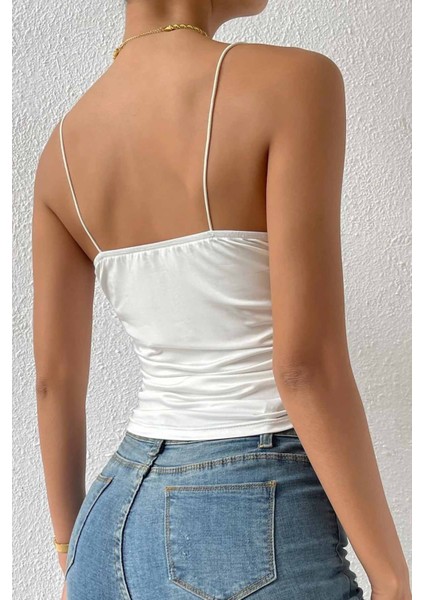 Kadın Kolsuz Askılı Degaje Yaka Bluz Crop