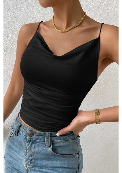 Kadın Kolsuz Askılı Degaje Yaka Bluz Crop indirimleri