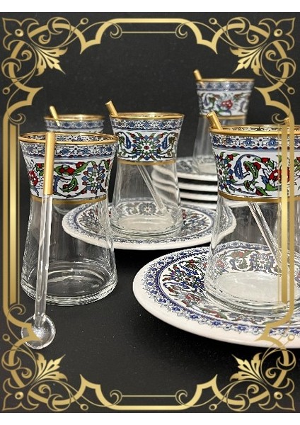 Altın heybeli Çini bitkisel motifli 6 kişilik çay seti tea set for 6 persons