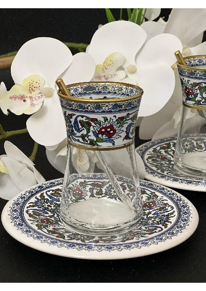 Altın heybeli Çini bitkisel motifli 6 kişilik çay seti tea set for 6 persons