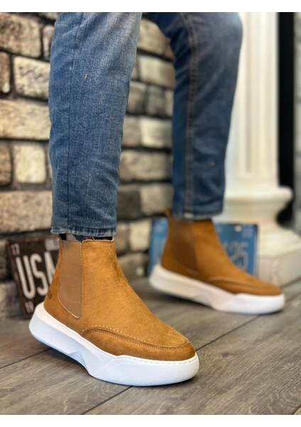 BA0150 Bağcıksız Erkek Taba Süet Beyaz Yüksek Taban Spor Bot