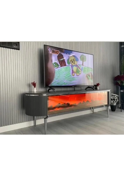 Desing Tv Sehpası 170 cm Antrasit Full Şömineli