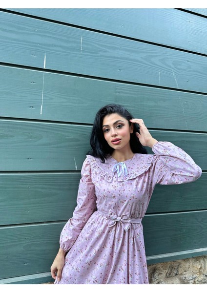Tesettür Seyyar Yakalı Pembe-Bordo Çiçekli Kat Kat Elbise fırsatları
