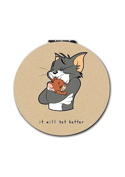 Tom ve Jerry Baskılı Ayna Yuvarlak Kişiye Özel Isim Baskılı Cep Aynası 7 cm (Kapaklı ve Büyüteçli)