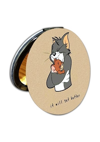 Tom ve Jerry Baskılı Ayna Yuvarlak Kişiye Özel Isim Baskılı Cep Aynası 7 cm (Kapaklı ve Büyüteçli)