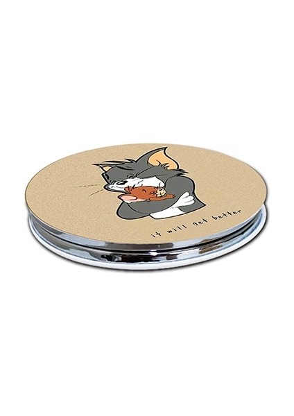 Tom ve Jerry Baskılı Ayna Yuvarlak Kişiye Özel Isim Baskılı Cep Aynası 7 cm (Kapaklı ve Büyüteçli)