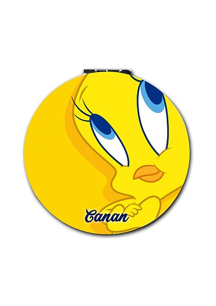 Tweety Baskılı Ayna Yuvarlak Kişiye Özel Isim Baskılı Cep Aynası 7 cm (Kapaklı ve Büyüteçli)