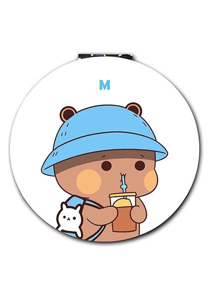 Dudu Bubu Baskılı Ayna Kişiye Özel Isim Baskılı Cep Aynası 7 cm Ayıcık Çift Sevgili (Kapaklı ve Büyüteçli)