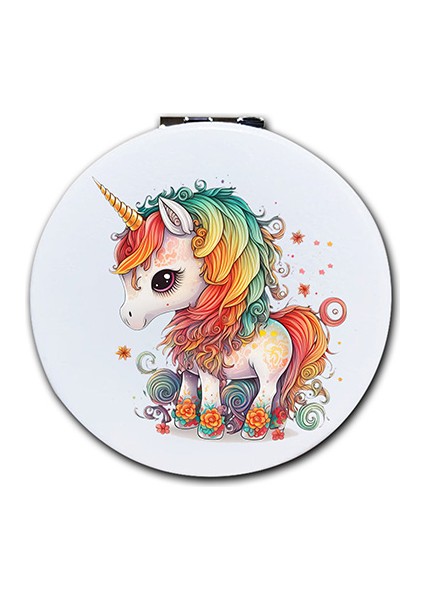 Unicorn Baskılı Ayna Yuvarlak Kişiye Özel Isim Baskılı Cep Aynası 7 cm (Kapaklı ve Büyüteçli)