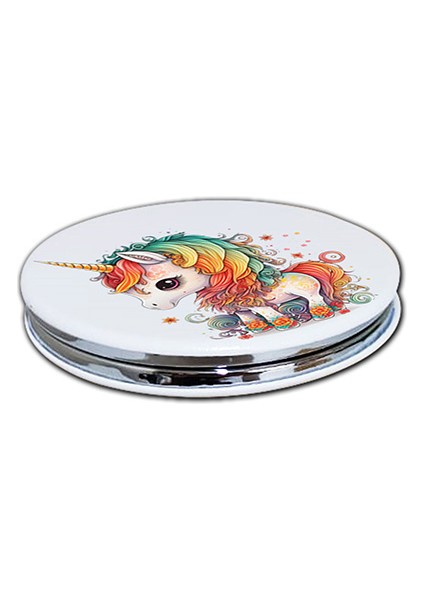 Unicorn Baskılı Ayna Yuvarlak Kişiye Özel Isim Baskılı Cep Aynası 7 cm (Kapaklı ve Büyüteçli)