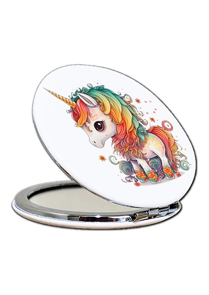 Unicorn Baskılı Ayna Yuvarlak Kişiye Özel Isim Baskılı Cep Aynası 7 cm (Kapaklı ve Büyüteçli)