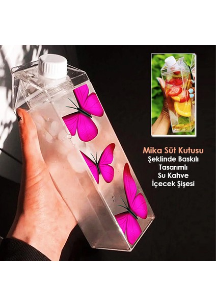 Kelebek Baskılı Mika Süt Kutu Tasarımlı Su Kahve Içecek Şişesi - Cam Değildir - 500 ml