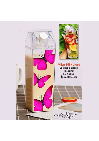 Kelebek Baskılı Mika Süt Kutu Tasarımlı Su Kahve Içecek Şişesi - Cam Değildir - 500 ml modelleri