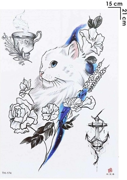 Geçici Kedi, Fincan ve Çapa Dövme Tattoo