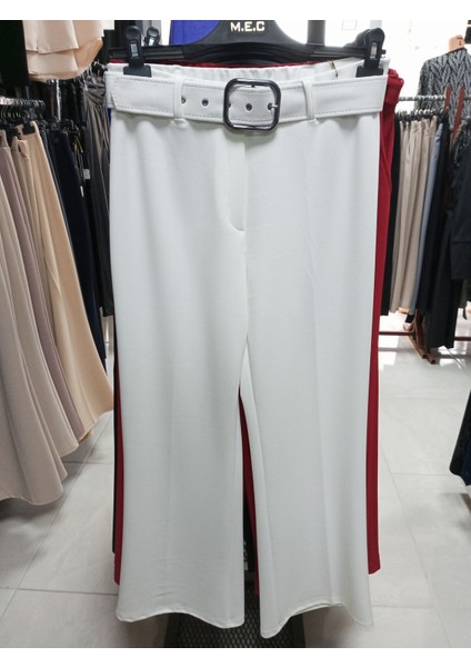 Enine Boyuna Likralı Scuba Krep Kumaş Yarım Ispanyol Paçalı Kemerli Pantolon