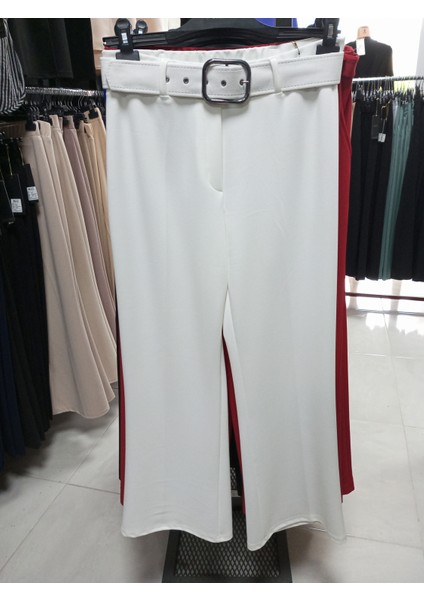 Enine Boyuna Likralı Scuba Krep Kumaş Yarım Ispanyol Paçalı Kemerli Pantolon fiyatları