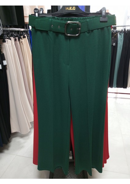 Enine Boyuna Likralı Scuba Krep Kumaş Yarım Ispanyol Paçalı Kemerli Pantolon