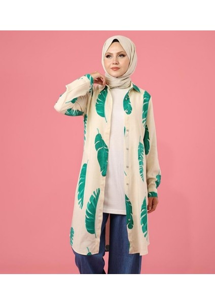 Krem Yeşil Tüy Desenli Tunik Gömlek