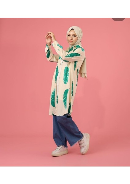Krem Yeşil Tüy Desenli Tunik Gömlek modelleri