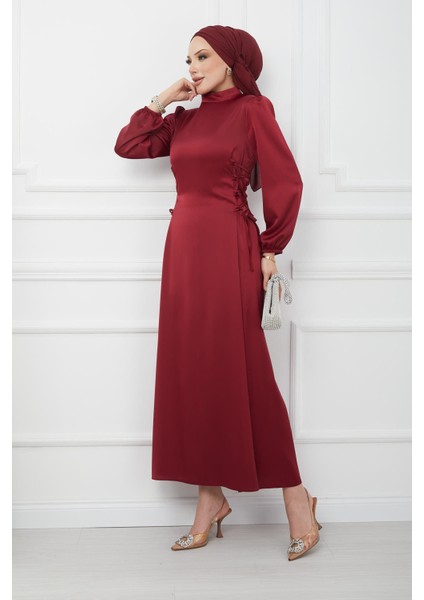 Bordo Yan Detaylı Saten Abiye