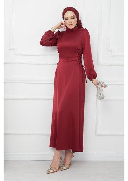Bordo Yan Detaylı Saten Abiye fiyatları
