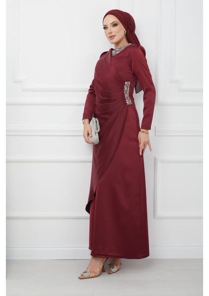 Bordo Drapeli Taşlı Saten Abiye