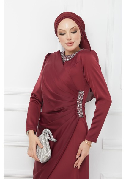Bordo Drapeli Taşlı Saten Abiye