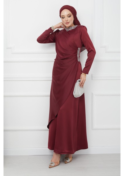 Bordo Drapeli Taşlı Saten Abiye