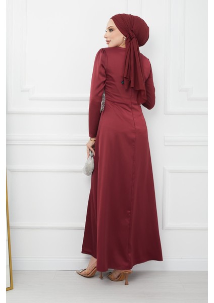 Bordo Drapeli Taşlı Saten Abiye