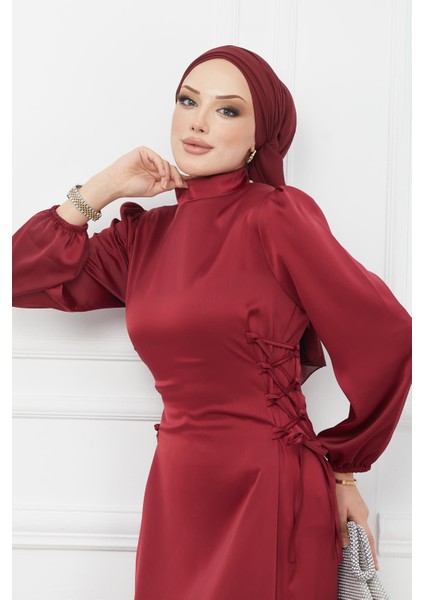 Bordo Yan Detaylı Saten Abiye modelleri