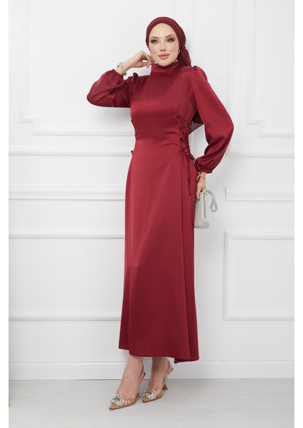 Bordo Yan Detaylı Saten Abiye fırsatları