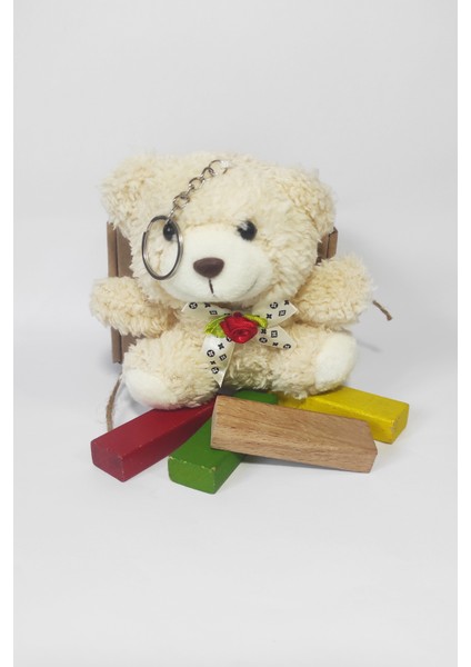Peluş Tombik Güllü Ayıcık Anahtarlık 15 cm Ekru - Oyuncak -Çanta Süsü - Doğum Günü Hediyesi