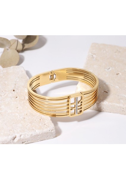 Çelik Gold Renk Yeşil Kristal Taşlı Kadın Kelepçe